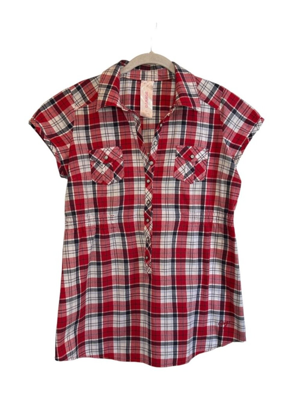 Garage Women's Short Sleeve Plaid Top in Red/White/Blue - Size L